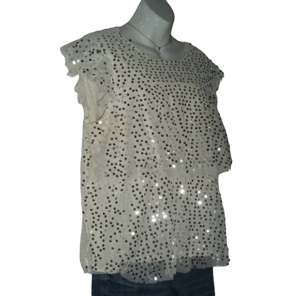 Lauren Conrad Blouse Ivory Silver Sequin Shirt Top Party Glam Fairy Twee Cream L - Picture 2 of 13